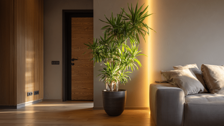 Uma planta está posicionada na entrada da casa, simbolizando prosperidade segundo o Feng Shui