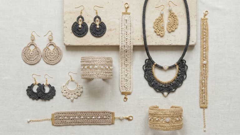 Flat lay completo de acessorios de croche artesanais incluindo brincos, colares e pulseiras inteiros em tons neutros sofisticados, confeccionados com fios nobres e metais delicados, totalmente visiveis sem recortes sobre superficie neutra