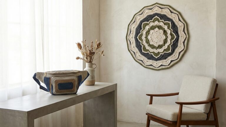 Acessorios e decoracoes de croche moderno incluindo pochete estruturada, mandala de parede e abajur em ambiente interior contemporaneo sofisticado