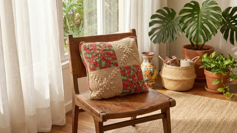 Almofada artesanal de croche cerejeira com blocos em vermelho verde e bege posicionada em ambiente de decoracao brasileira com moveis rusticos plantas tropicais e elementos naturais