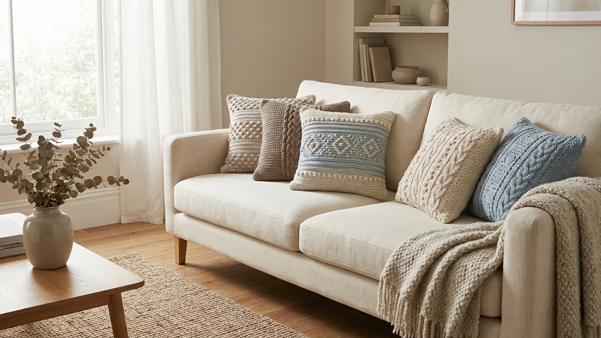 Almofadas de croche artesanais em tons claros dispostas sobre sofa neutro em sala de estar com luz natural difusa