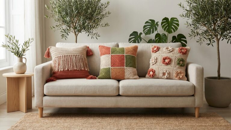 Sala de estar contemporanea com conjunto de almofadas de croche artesanal em tons bege terracota e verde oliva sobre sofa neutro com plantas e decoracao natural