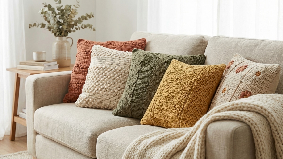 Sala de estar aconchegante com almofadas decorativas de croche em tons variados sobre sofa neutro