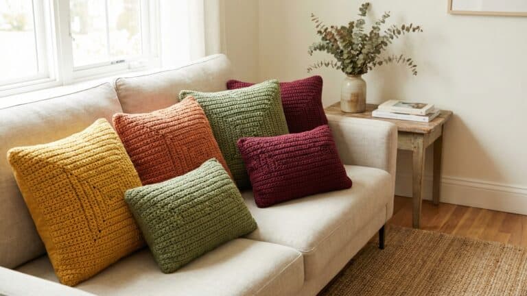 Almofadas de croche artesanais em cores vibrantes mostarda, terracota, verde musgo e vinho sobre sofa neutro em sala contemporanea com decoracao dopamina