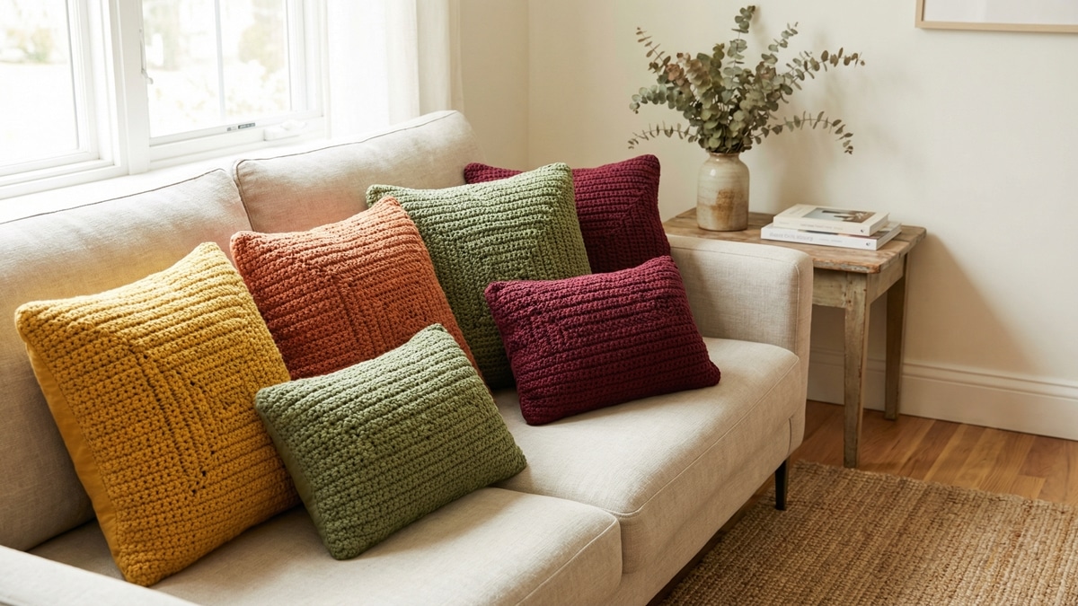 Almofadas de croche artesanais em cores vibrantes mostarda, terracota, verde musgo e vinho sobre sofa neutro em sala contemporanea com decoracao dopamina