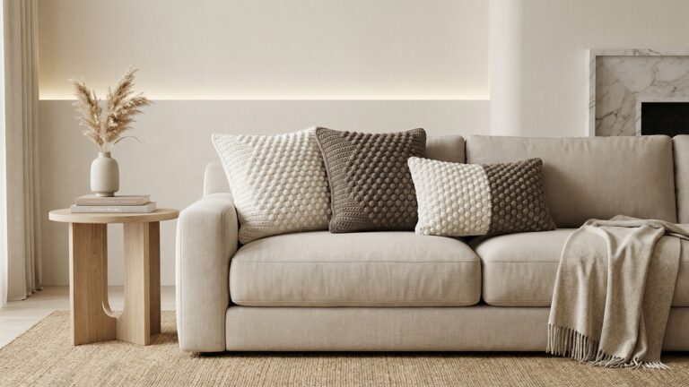 Sala de estar sofisticada com almofadas de croche luxuosas em off-white e fendi sobre sofa neutro com iluminacao suave e decoracao elegante