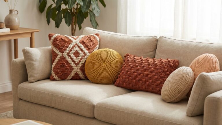Sala de estar contemporanea com sofa neutro decorado com almofadas de croche modernas em tons terracota e mostarda em agrupamento harmonioso com iluminacao natural