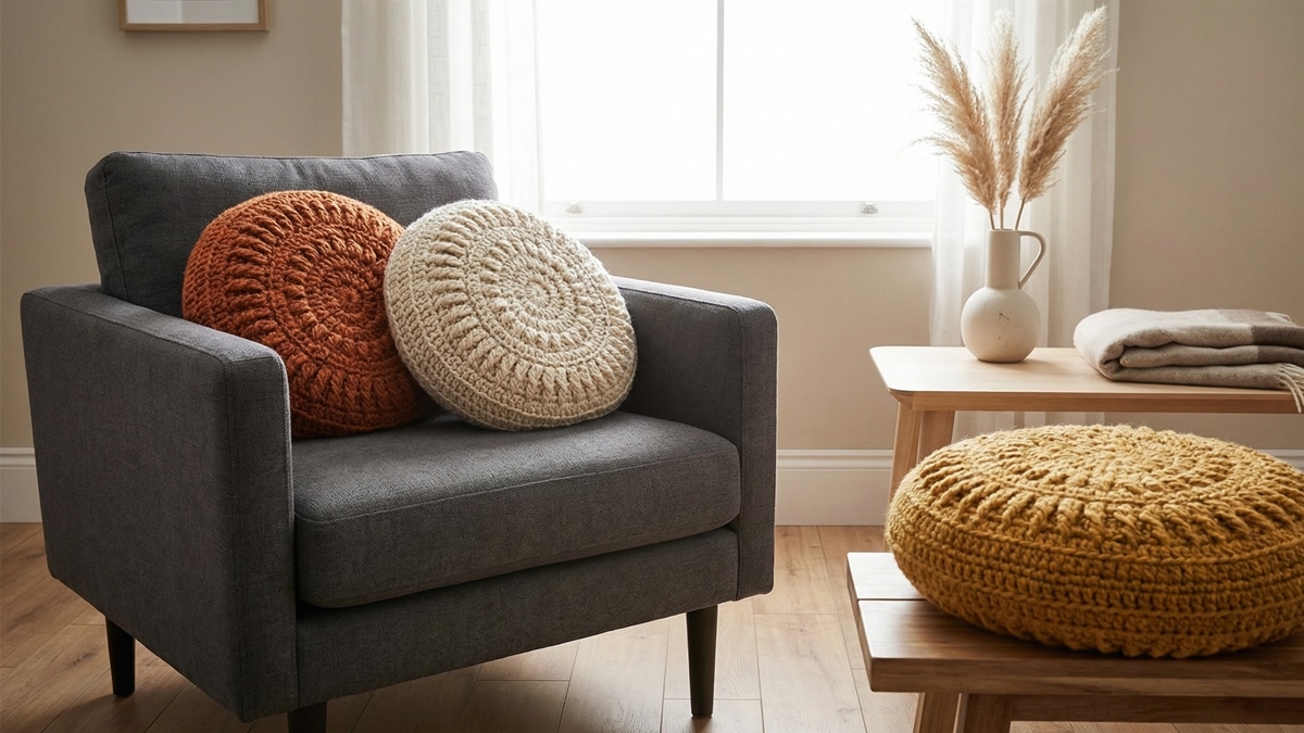 Almofadas redondas de croche artesanal em tons quentes dispostas sobre sofa de linhas retas, criando contraste organico e ponto focal decorativo, em ambiente contemporaneo com iluminacao natural difusa