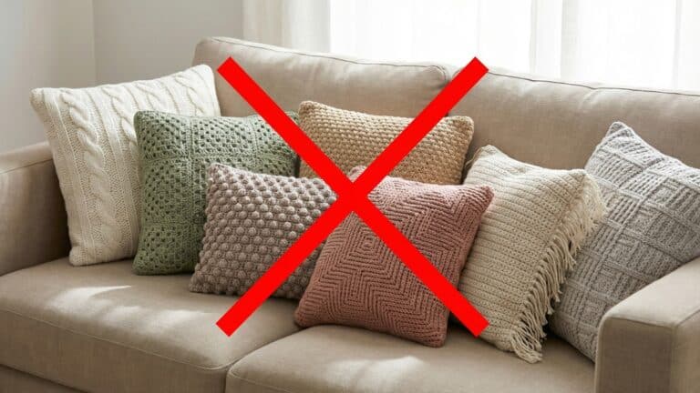 Composicao de almofadas de croche em tons neutros sobre sofa com X vermelho marcado no centro da imagem