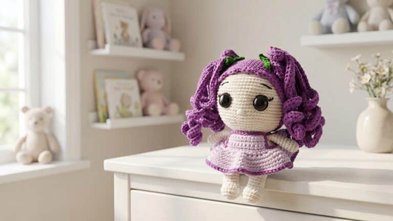 Amigurumi de croche em formato de boneca uva com cabelo roxo e vestido lilas sobre superficie branca em quarto infantil
