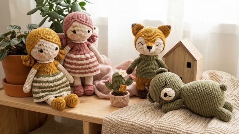 Amigurumis de croche artesanal em cores modernas com personagens expressivos em ambiente acolhedor