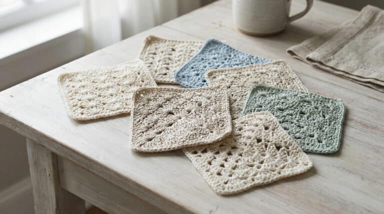 Amostras de pontos de croche artesanal em cores variadas sobre mesa de madeira clara exibindo texturas como leque concha e rendado com luz natural