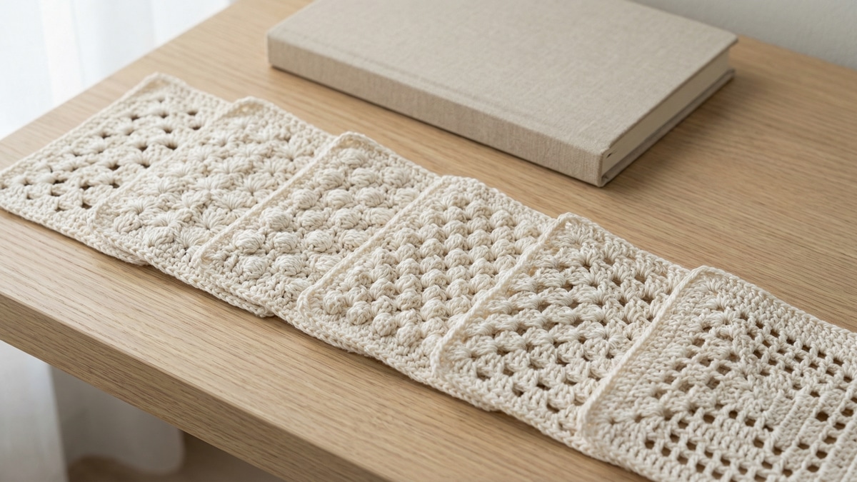 Mesa de trabalho minimalista com amostras de pontos de croche em off-white organizadas sobre madeira clara mostrando diferentes texturas