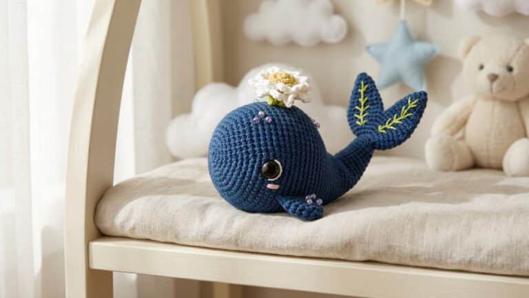 Baleia de croche azul marinho com flor branca e detalhes coloridos em cenario de quarto infantil com tons neutros e suaves
