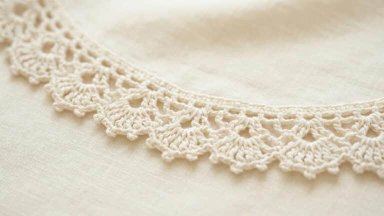 Close-up detalhado de bico de croche delicado em off-white com padrao de leques e picos mostrando textura de algodao e acabamento refinado