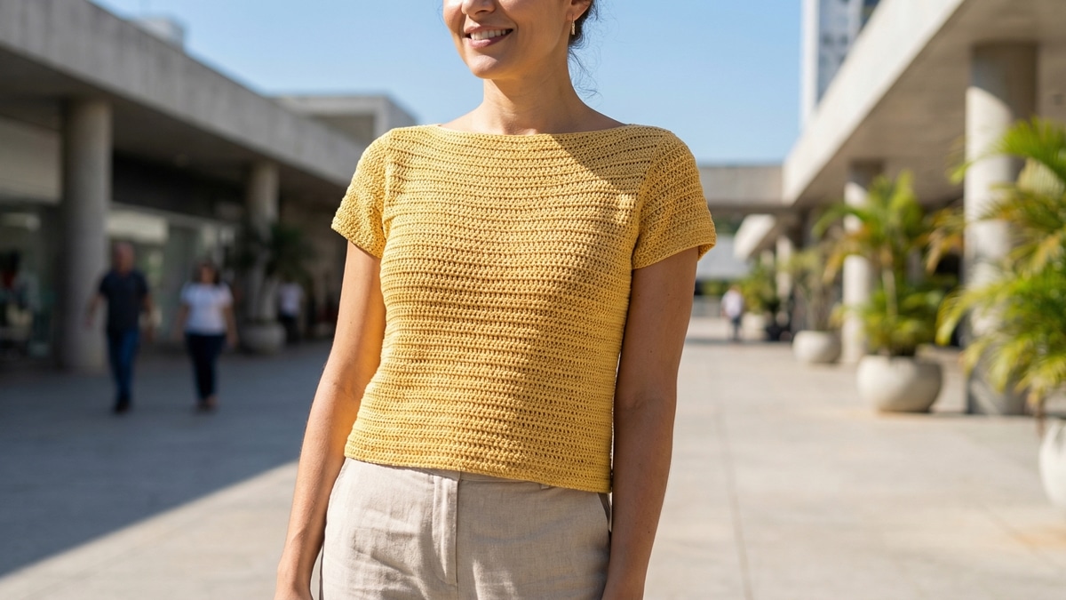 Mulher usando blusa de croche amarela com caimento de alfaiataria em ambiente urbano de verao