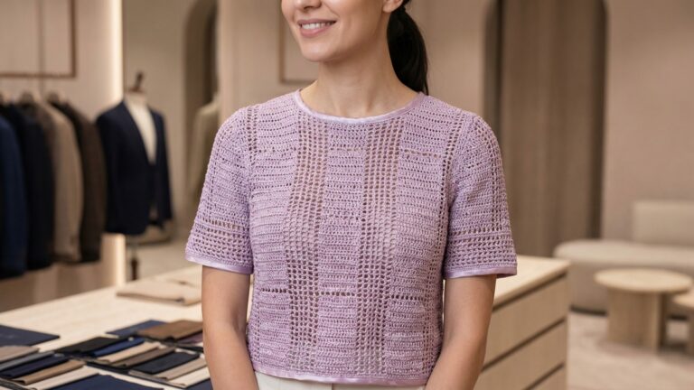 Mulher sorrindo usando blusa de croche artesanal lilas com brilho discreto em ambiente elegante com luz natural e estetica de alfaiataria moderna