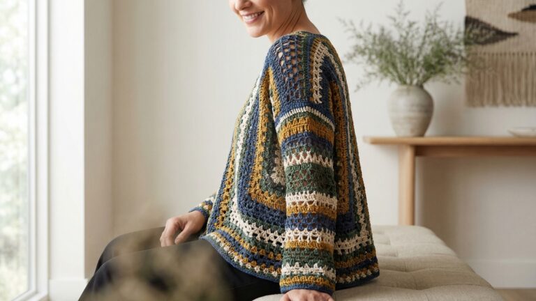 Ambiente interno sofisticado com mulher sorrindo usando blusa artesanal de croche em cores vibrantes harmonicas, banco estofado neutro e vaso com folhagem delicada ao fundo com iluminacao natural lateral