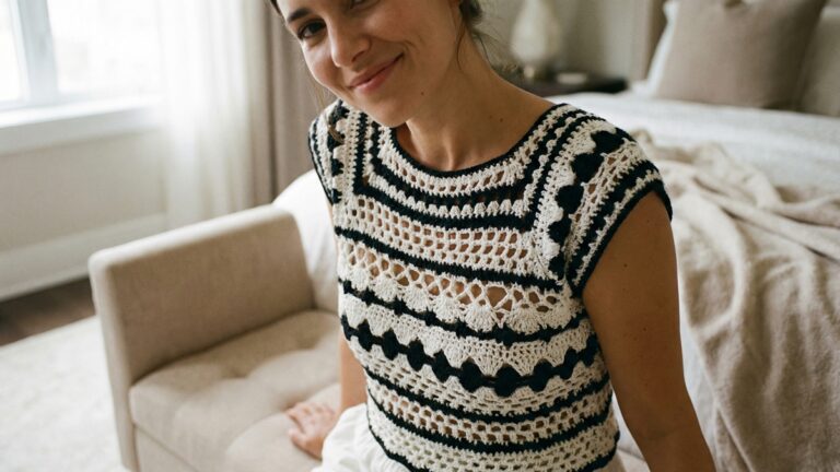 Mulher em quarto feminino sofisticado usando blusa de croche artesanal em preto e branco com luz natural suave e ambiente elegante