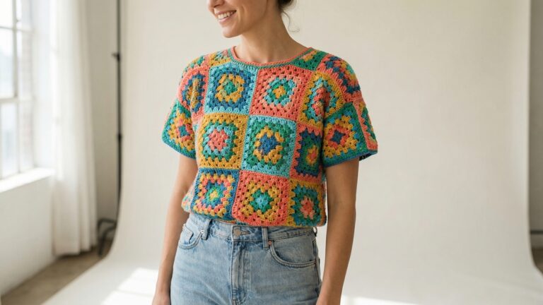 Mulher sorrindo usando blusa de croche artesanal com squares coloridos em estudio de moda com fundo limpo