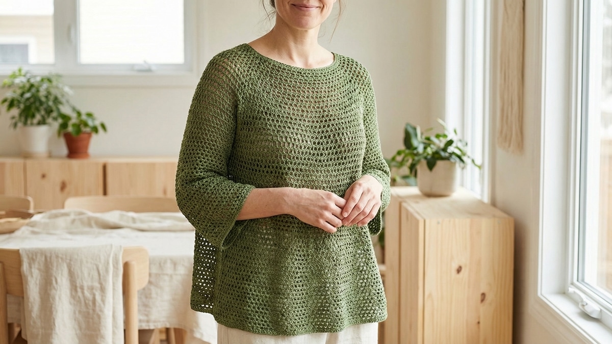 Mulher sorrindo usando blusa de croche topdown verde musgo em ambiente interno com iluminacao natural e decoracao minimalista
