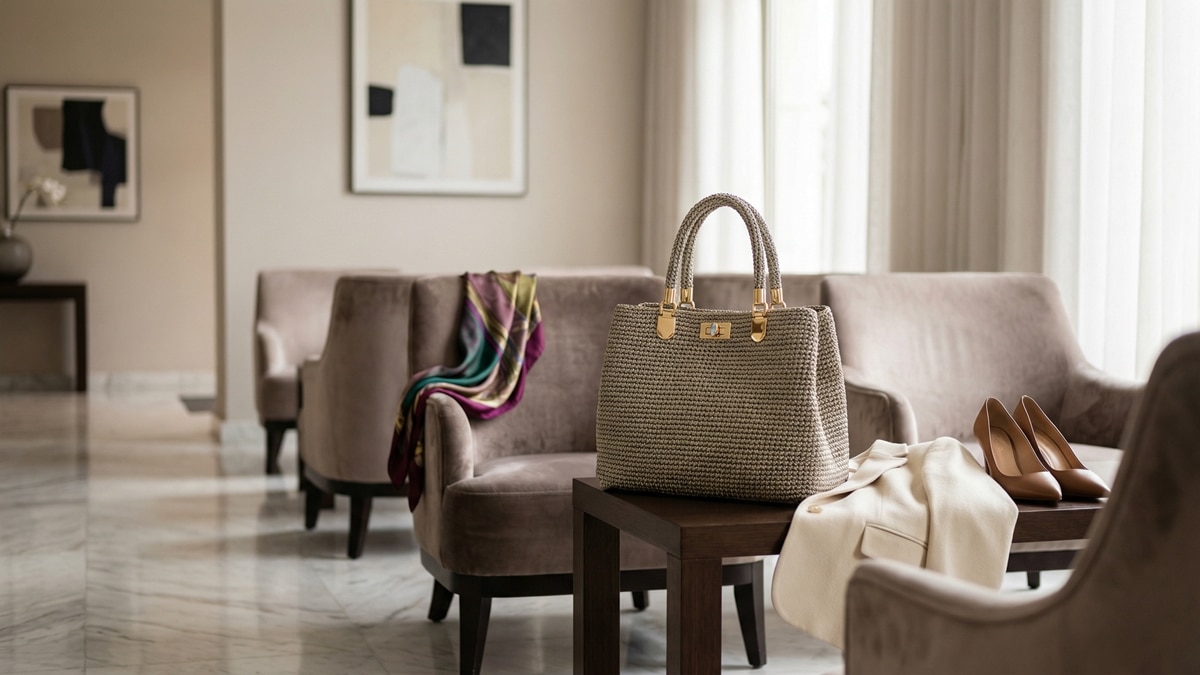 Bolsa completa de croche artesanal de luxo em tons sofisticados com detalhes dourados, estrutura rigida em fios nobres, totalmente visivel sem recortes, em ambiente premium elegante com iluminacao natural suave