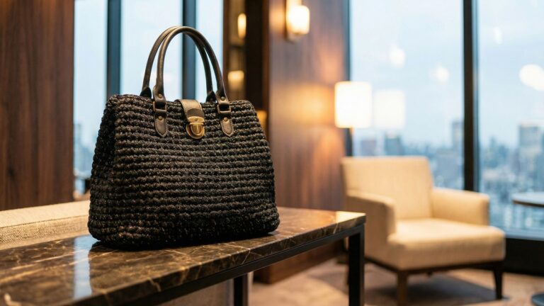 Bolsa de croche artesanal preta com fios metalizados sobre superficie elegante em ambiente bem iluminado