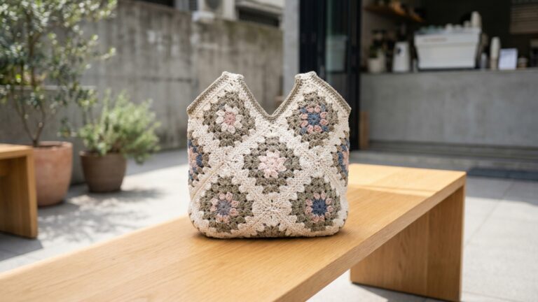 Bolsa de croche artesanal feita com squares coloridos em tons neutros apoiada sobre banco de madeira clara