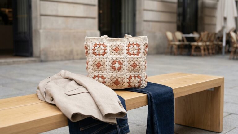 Bolsa de croche artesanal em squares classicos com tons cru bege e terracota sobre banco de madeira em ambiente urbano sofisticado