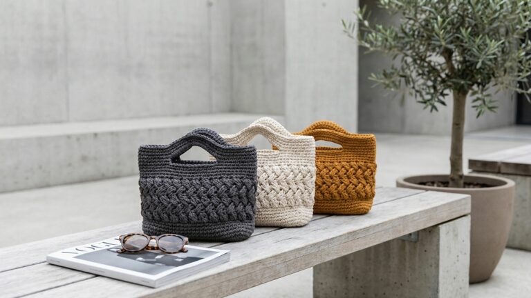 Ambiente urbano contemporaneo com bolsas artesanais de croche em cores modernas e sofisticadas dispostas sobre banco de madeira clara ao lado de oculos de sol elegantes e revista de moda fechada