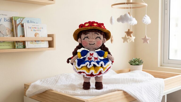 Boneca Maria de croche artesanal estilo amigurumi com vestido colorido e chapeu de palha decorado com flores, posicionada em quarto infantil com decoracao suave e luz natural