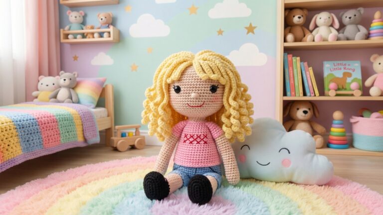 Boneca amigurumi de croche com cabelo loiro e roupa colorida em quarto infantil vibrante e criativo