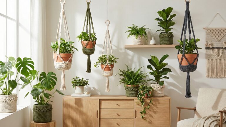 Cachepos de croche artesanais em tons sofisticados vestindo vasos de plantas verdes exuberantes, posicionados sobre moveis de madeira clara em decoracao Urban Jungle com iluminacao natural difusa e atmosfera acolhedora