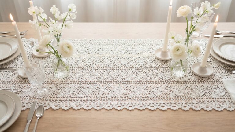 Mesa de jantar sofisticada com caminho de mesa em croche branco rendado artesanal sobre madeira clara decorado com flores brancas e velas elegantes