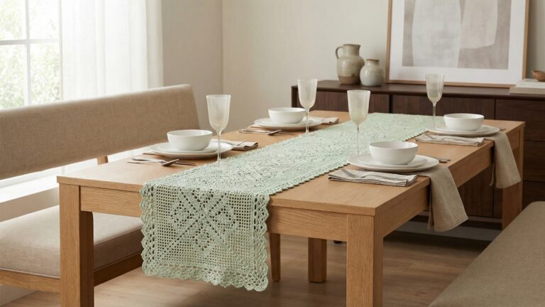 Mesa de jantar sofisticada com caminho de mesa de croche em verde claro, pratos brancos e tacas de vidro em composicao elegante