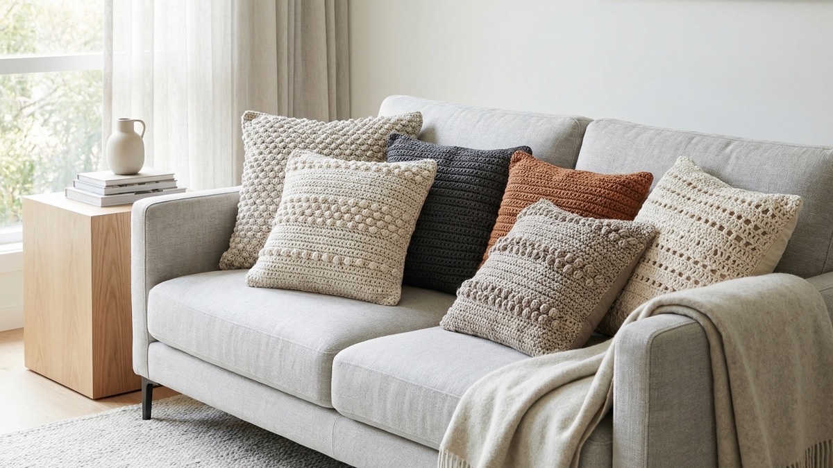 Sala de estar moderna com capas de almofada em croche de diferentes estilos e cores sobre sofa neutro
