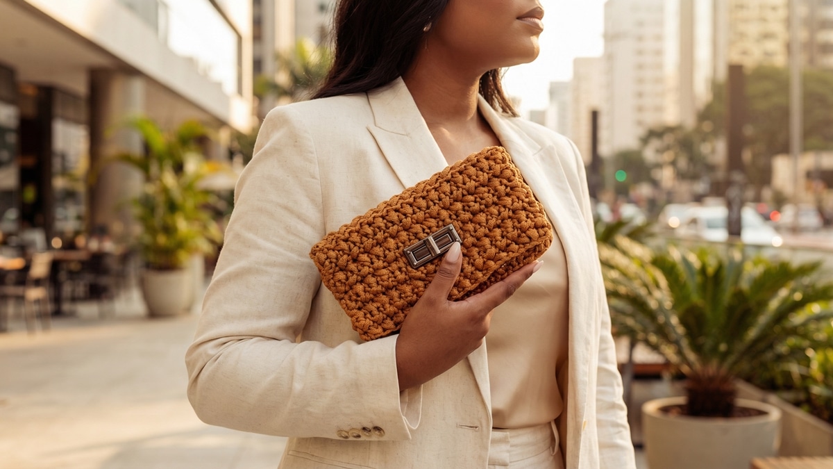 Mulher elegante segurando carteira de ambar caramelo com fecho metalico em cenario urbano sofisticado no Brasil