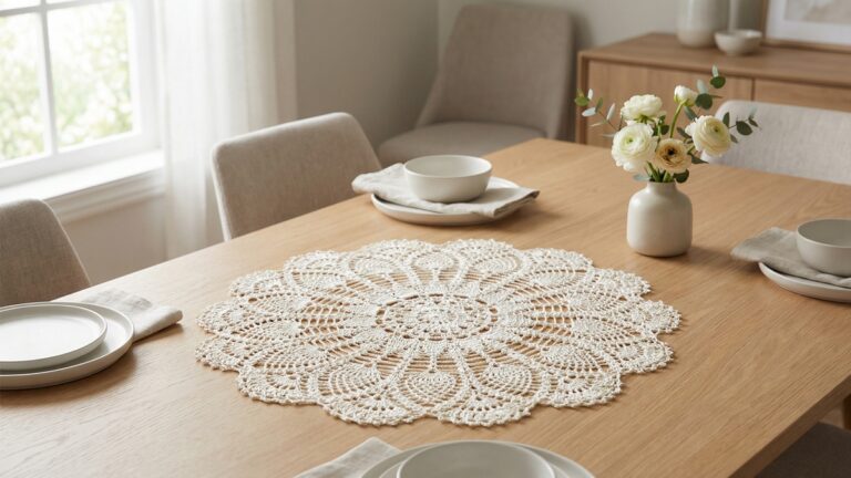 Centro de mesa redondo de croche off-white com trama rendada sobre mesa de madeira clara com louça branca e flores