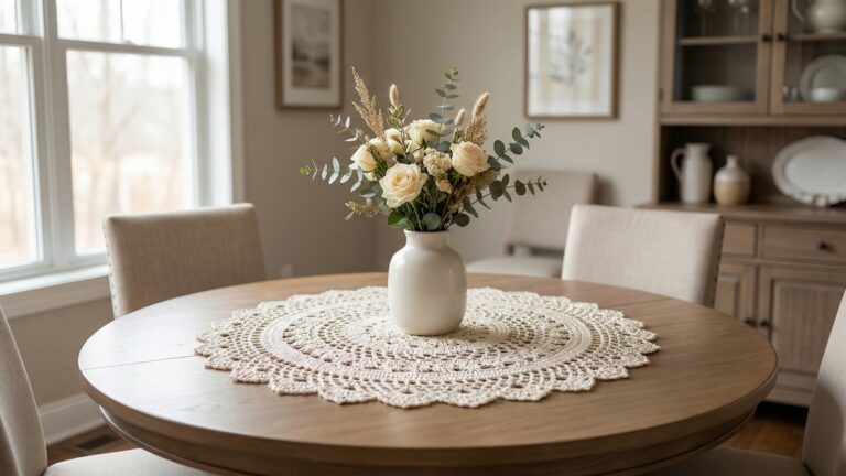 Sala de jantar elegante com centro de mesa redondo artesanal de croche em tom cru sobre mesa de madeira macica com vaso de ceramica neutra e arranjo floral delicado ao centro