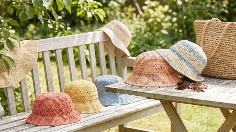 Chapeus e bucket hats de croche artesanal em tons charmosos sobre banco de madeira em ambiente externo de verao com oculos de sol e bolsa de palha