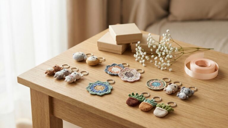 Mesa decorada com chaveiros de croche artesanal em diferentes cores e estilos para evento comemorativo