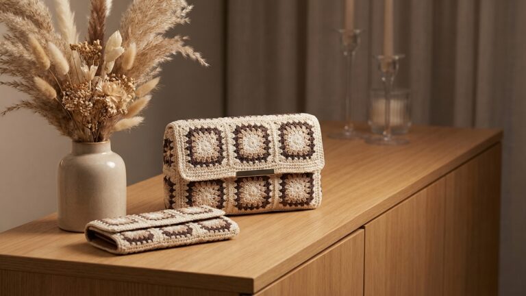 Clutch e carteira de croche artesanal com squares geometricos em tons bege cru e marrom sobre aparador de madeira com vaso de flores neutras