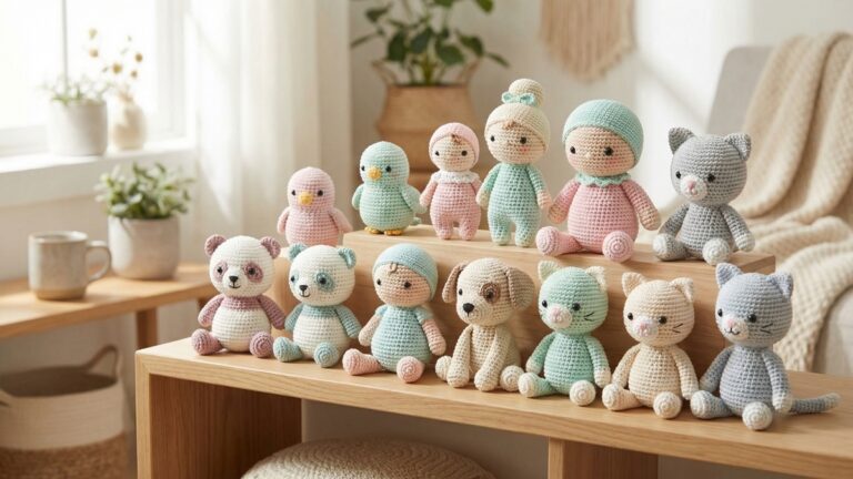 Colecao de amigurumis de croche artesanal com pandas passarinhos bebes cachorros e gatos em cores suaves organizados em prateleira de madeira clara em ambiente aconchegante