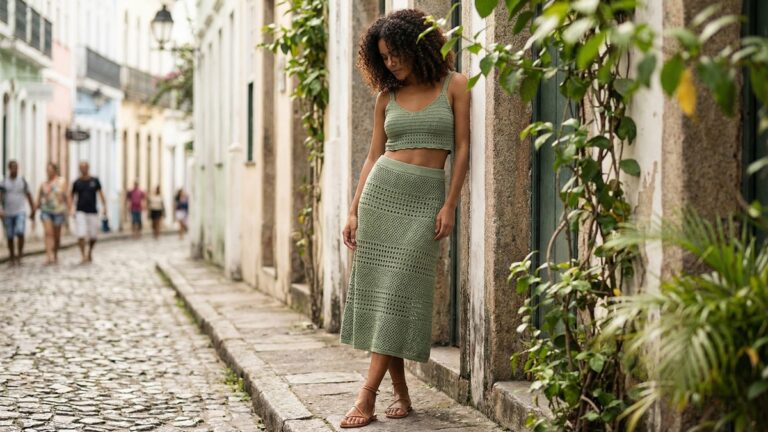 Conjunto de croche artesanal verde com top e saia coordenados em ambiente urbano brasileiro com luz natural destacando textura e caimento
