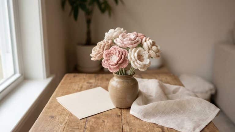 Mesa decorada com arranjo de flores de croche artesanal em tons rosa e bege dentro de vaso de ceramica neutra