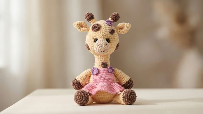 Girafa de amigurumi em croche com corpo creme e manchas marrons, vestindo vestido rosa e lacos roxos nas orelhas, em cenario neutro elegante com luz natural suave