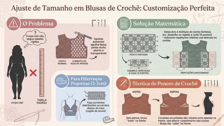 Infografico educativo sobre como ajustar tamanho de blusas de croche para corpos reais usando multiplos de pontos e tecnica de pences