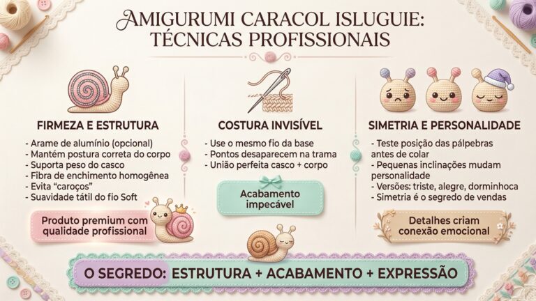 Infografico educativo sobre tecnicas profissionais para criar amigurumi caracol Isluguie com dicas de estrutura costura e expressoes