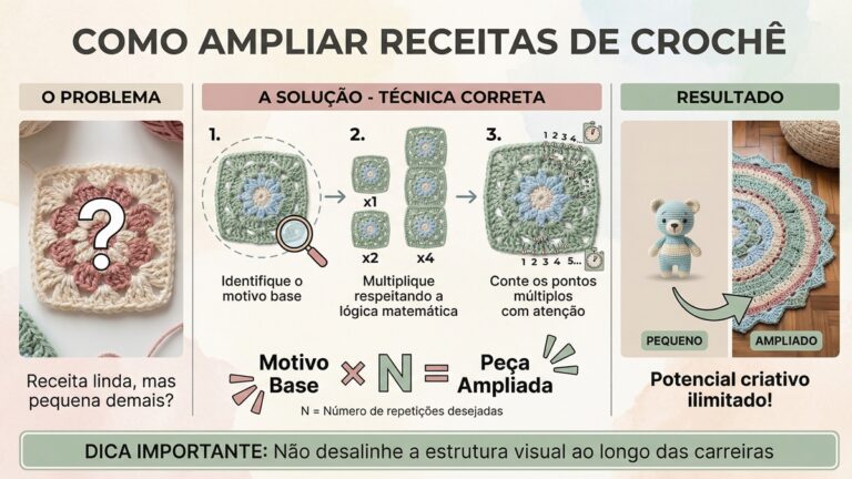 Infografico educativo mostrando tecnica para ampliar receitas de croche atraves da multiplicacao de motivos base com logica matematica e contagem de pontos