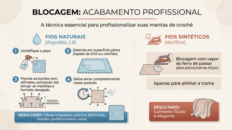 Infografico em portugues sobre tecnica de blocagem em croche para fios naturais e sinteticos com passo a passo detalhado e resultados profissionais